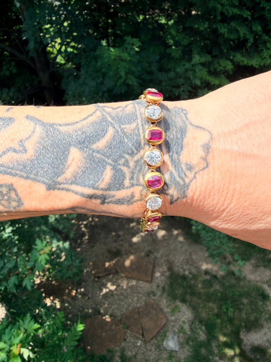 Antique Burmese No Heat Ruby and Old Cut Diamond Alternating Bracelet