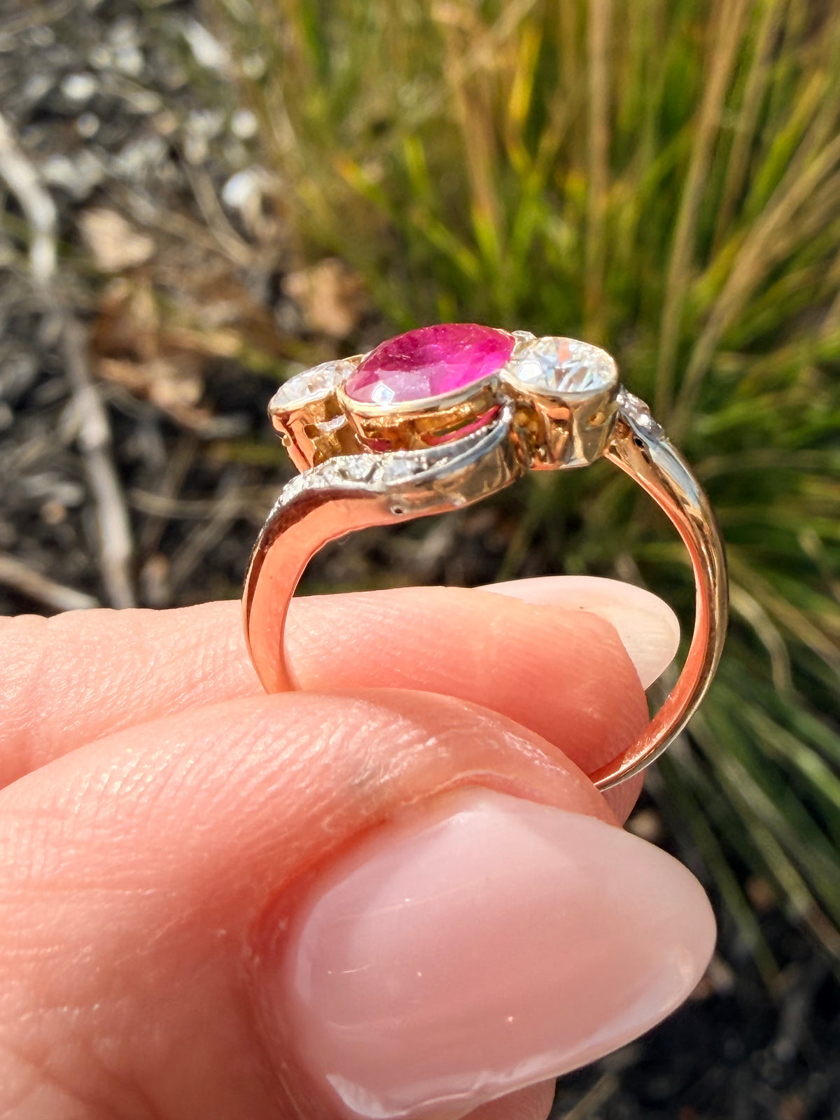 Edwardian Ruby and Diamond Three Stone Twist Ring