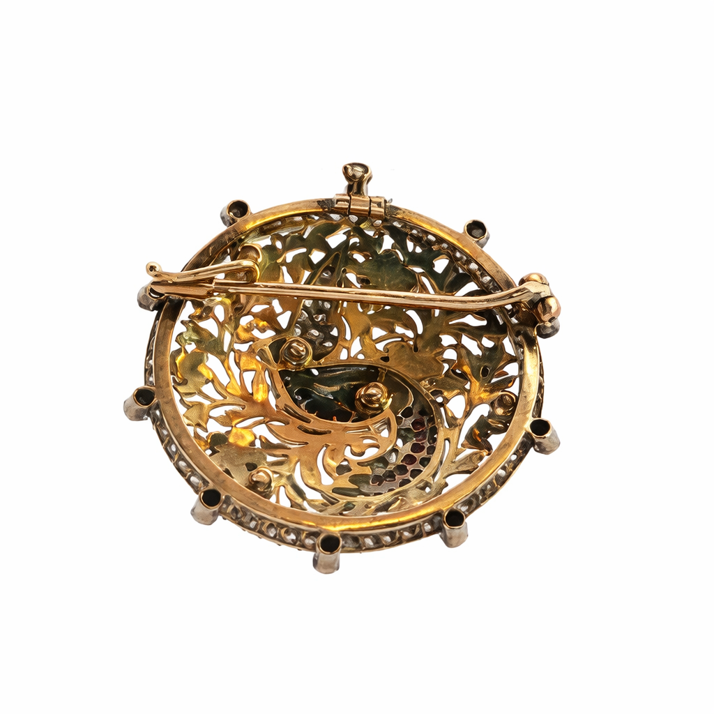 Antique Bird Pierced Gold & Gemstone Pendant - Brooch