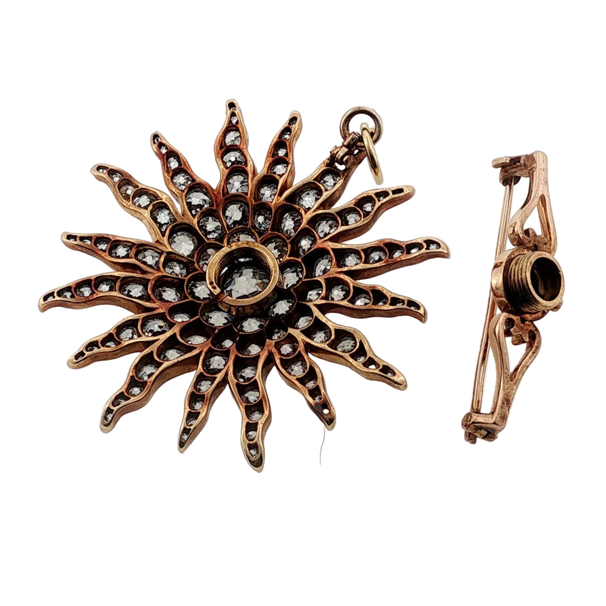 Antique Old Cut Diamond Sun Pendant Brooch