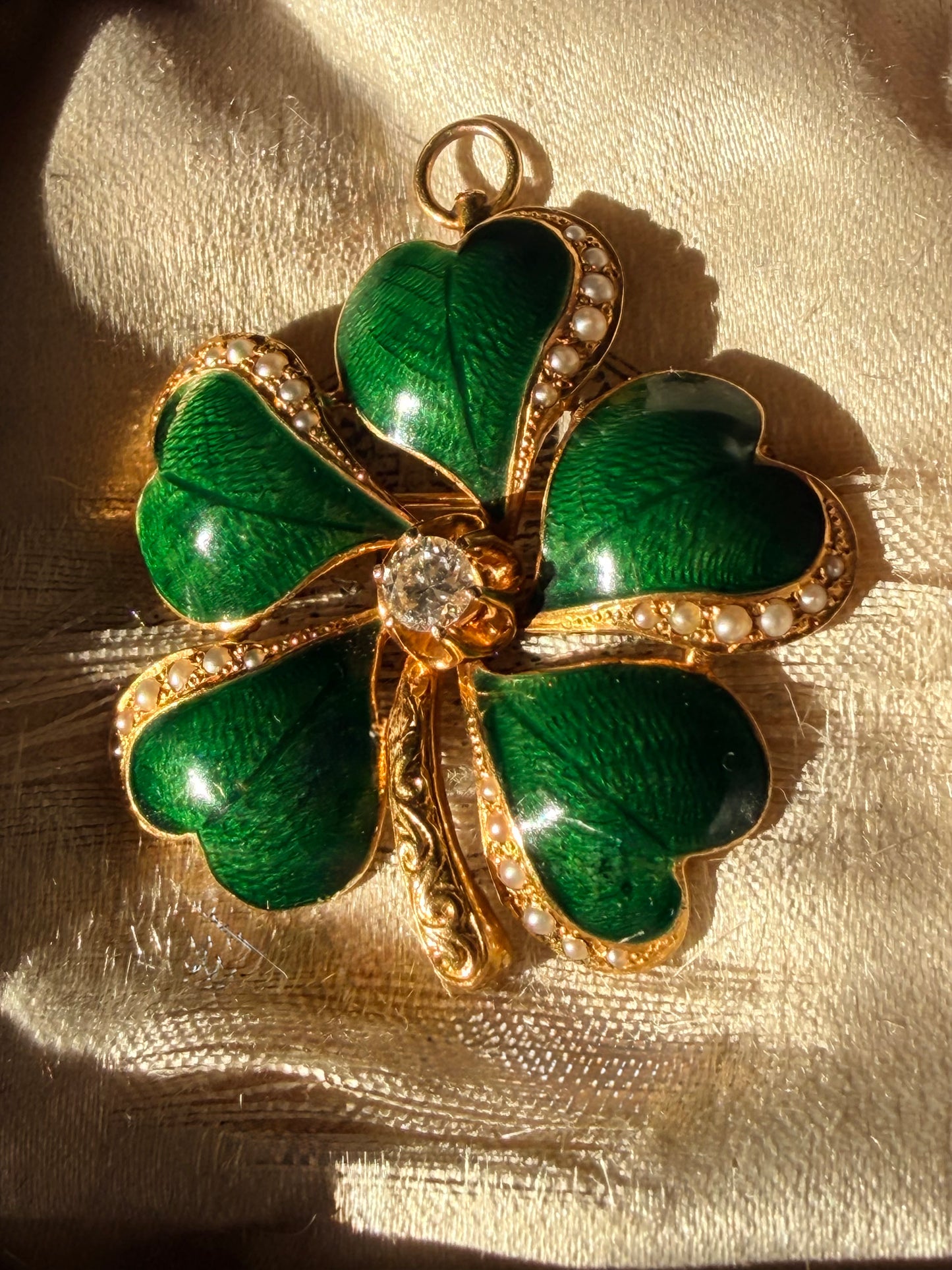 Victorian Green Enamel Five Leaf Clover Diamond Pendant Brooch
