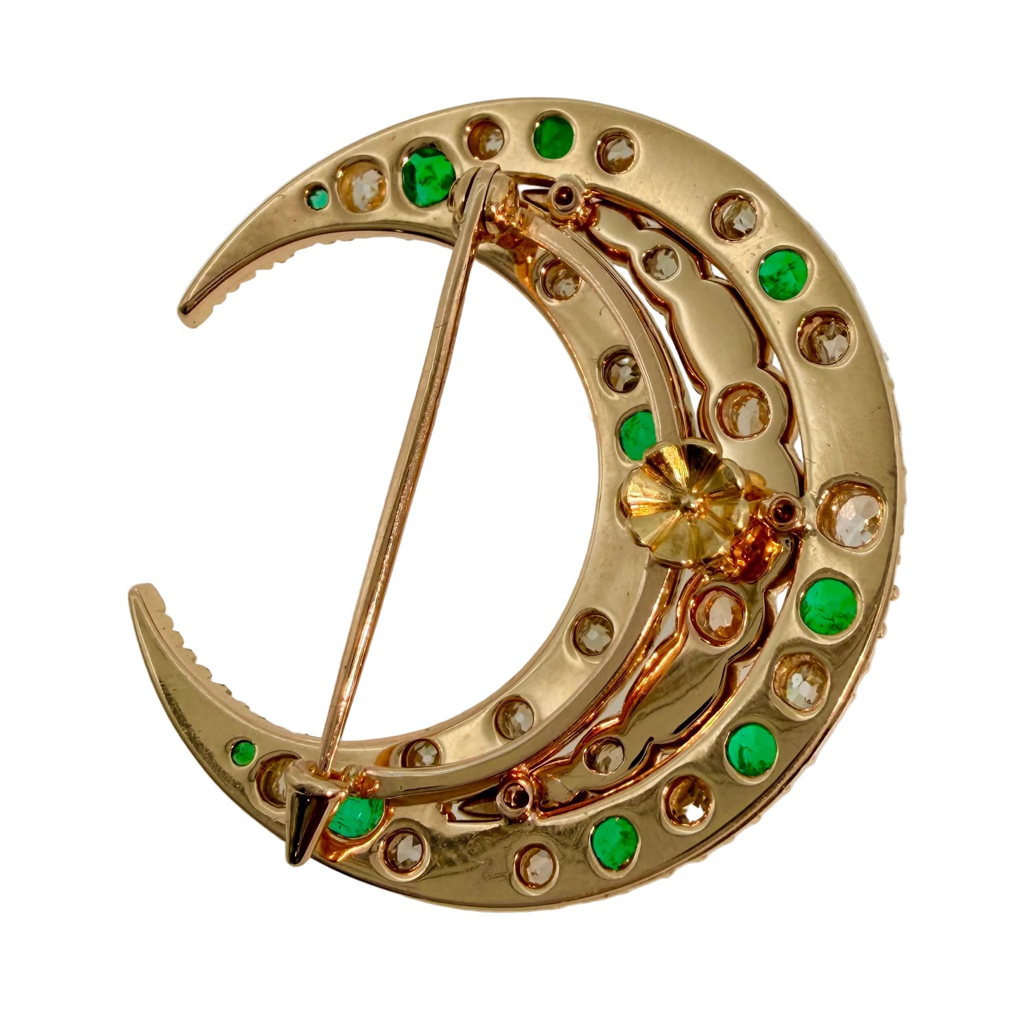 Victorian Colombian Emerald and Old Mine Cut Diamond Crescent Brooch