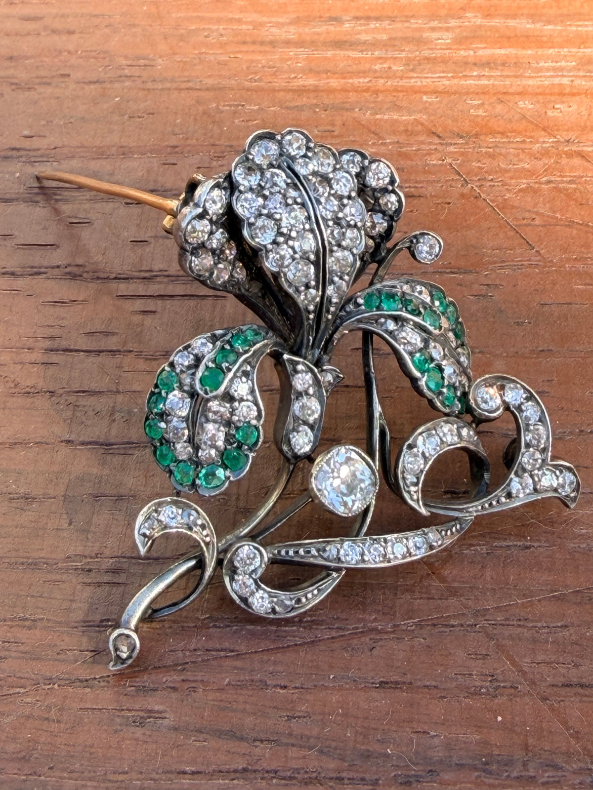 Victorian Emerald & Old Mine Cut Diamond Flower Spray Brooch