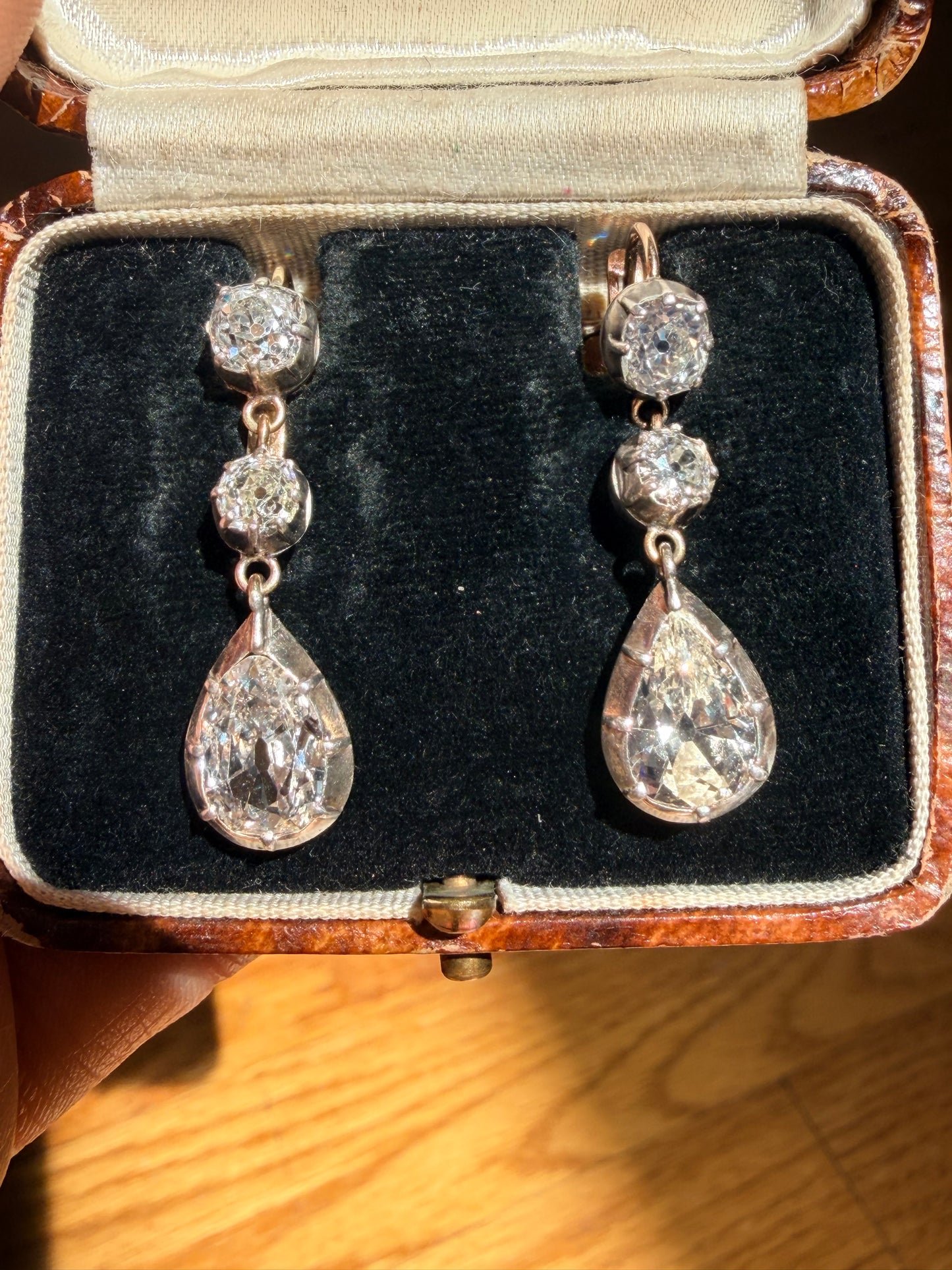 Antique Pear Cut and Old Mine Cut Diamond Drop Earrings