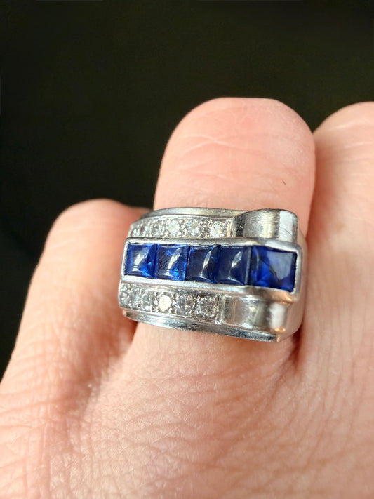 Retro Cartier New York Sapphire and Diamond Tank Ring