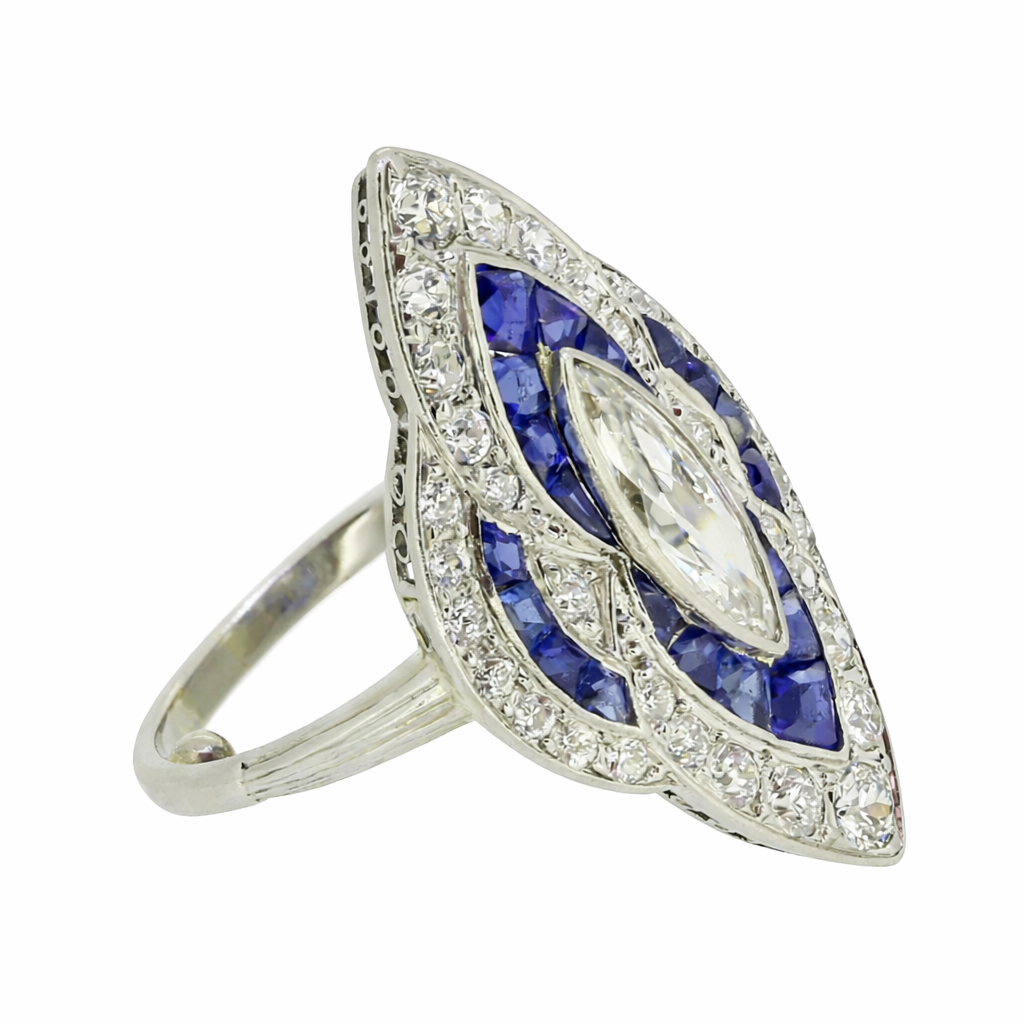 Art Deco Sapphire and Diamond Navette Ring
