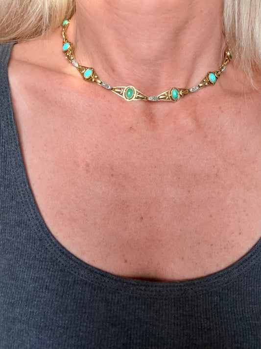 Antique French Art Nouveau Rose-Cut Diamond and Turquoise Necklace & Bracelet Set