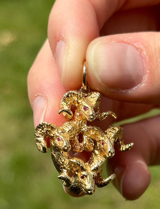 Vintage 14k Yellow Gold Quad Ram Pendant