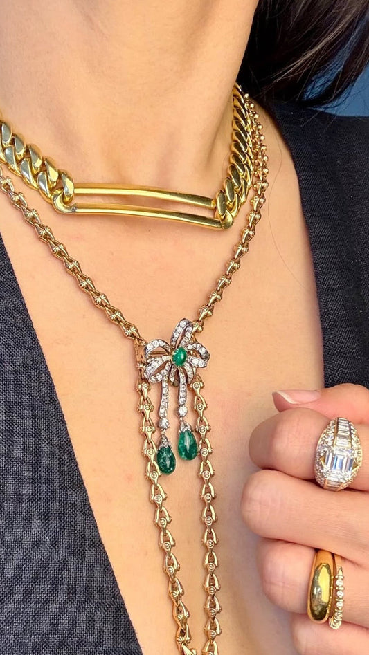 Antique Emerald & Diamond Bow Drop Brooch