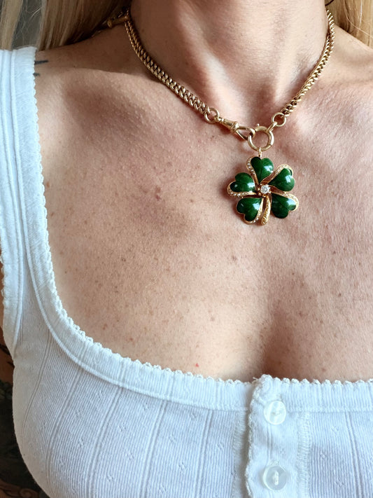 Victorian Green Enamel Five Leaf Clover Diamond Pendant Brooch