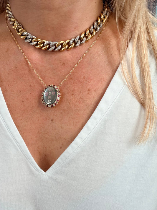 Burmese Ruby and Old Mine Cut Diamond “Love You” Epigram Necklace