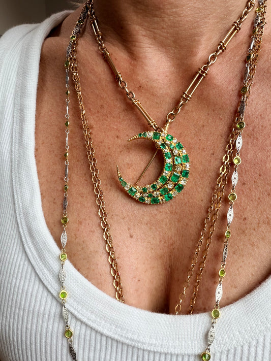 Victorian Colombian Emerald and Old Mine Cut Diamond Crescent Brooch