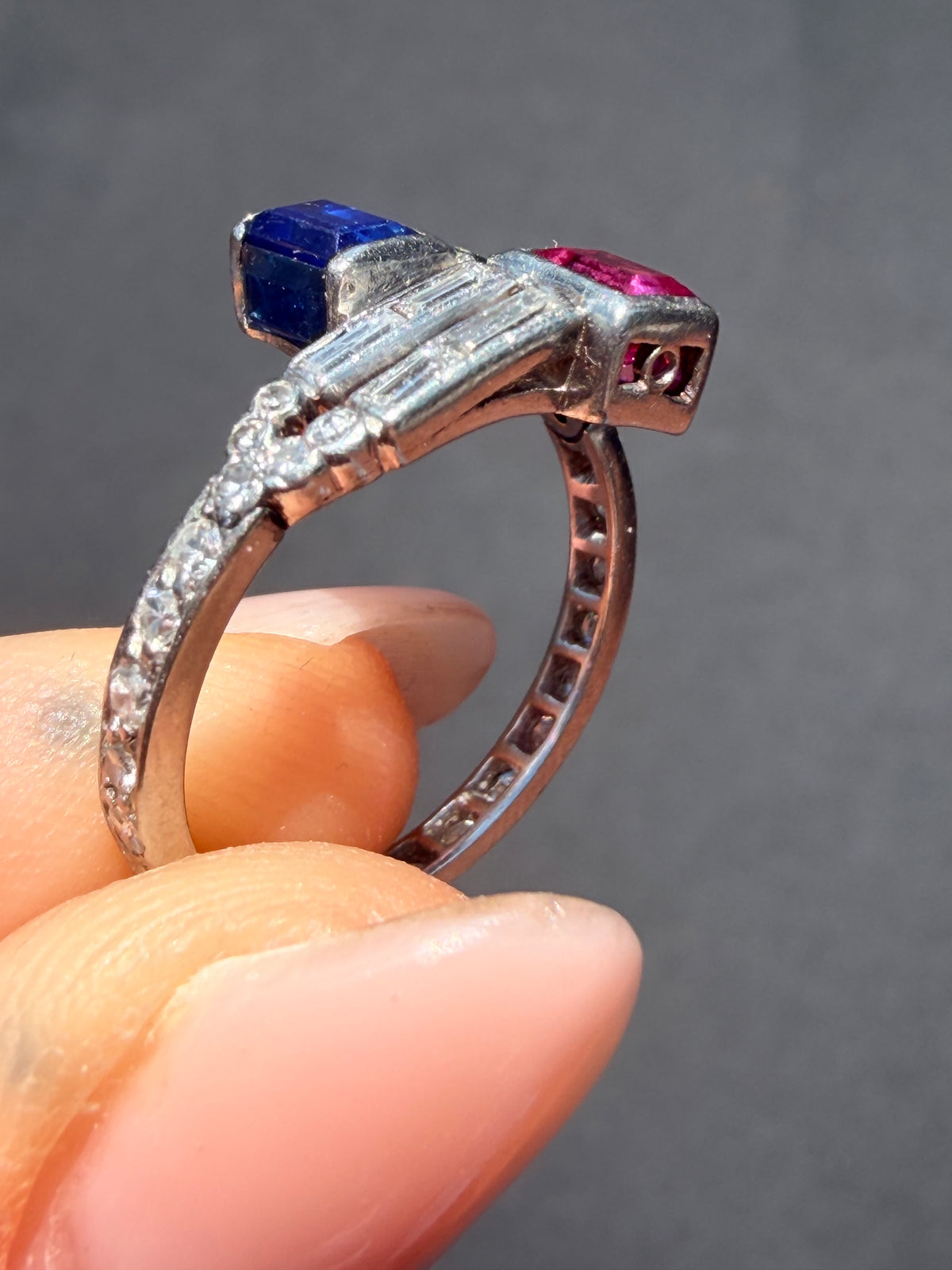 Art Deco Ruby, Sapphire & Diamond Toi et Moi Ring, c.1920s