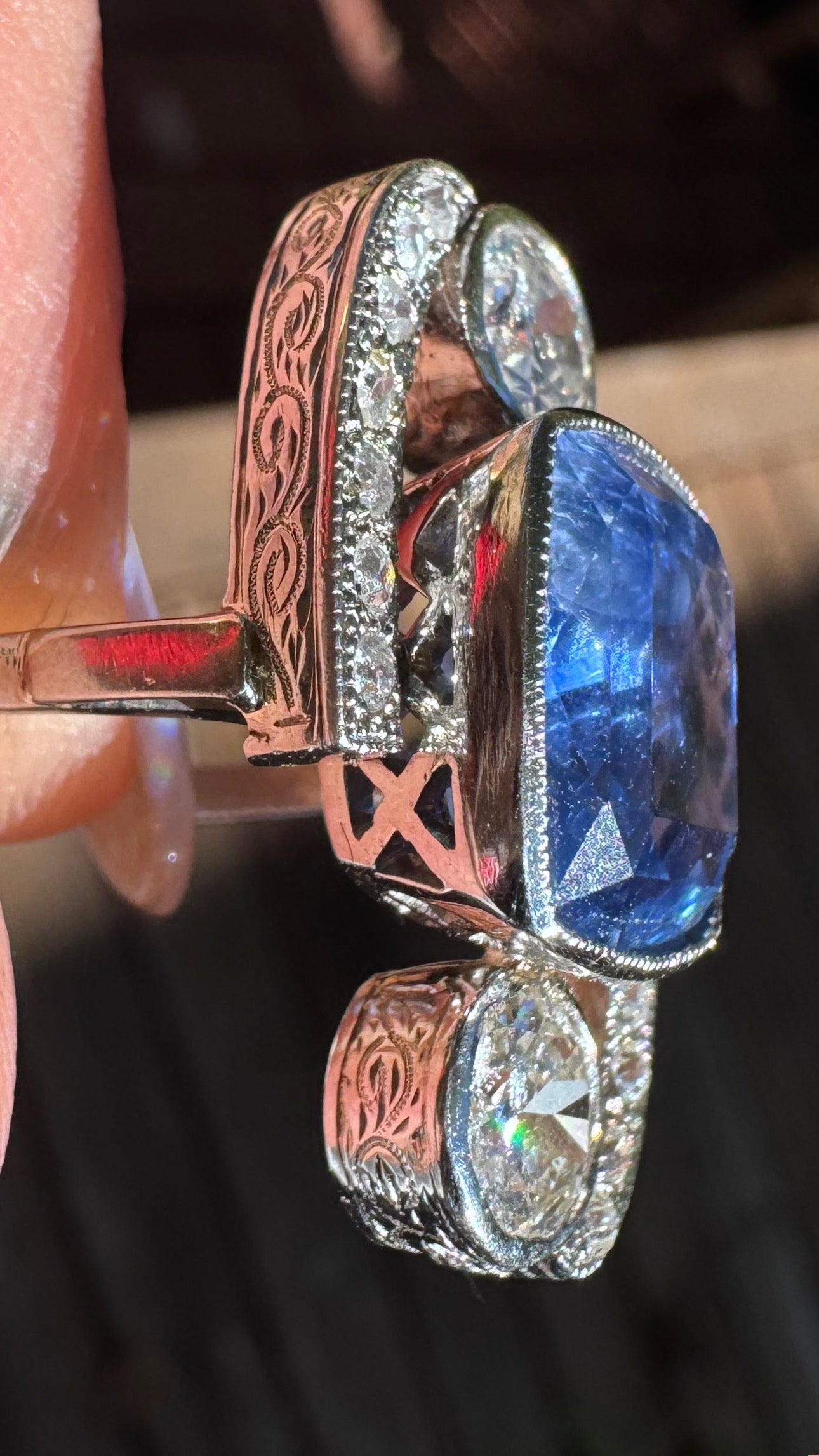Art Deco Unheated Ceylon Sapphire and Diamond Cocktail Ring