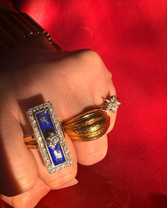 Vintage Blue Enamel and Diamond Plaque Ring