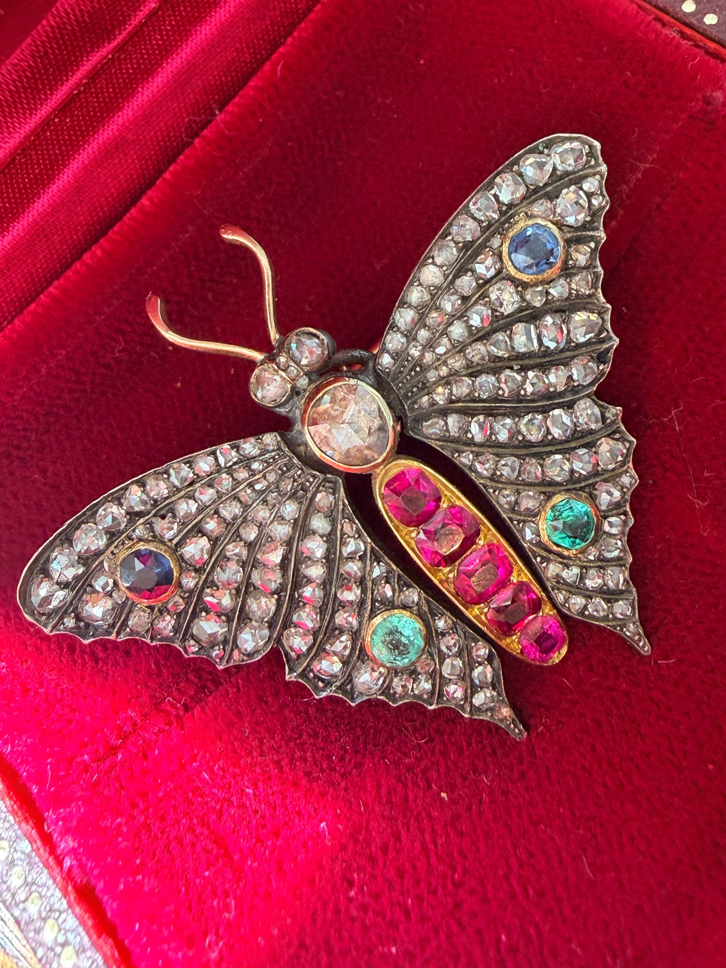 Antique French Multi Gem-Set Diamond Butterfly Brooch