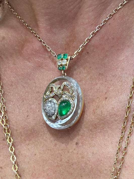Victorian Rock Crystal, Emerald & Diamond Heart Pendant