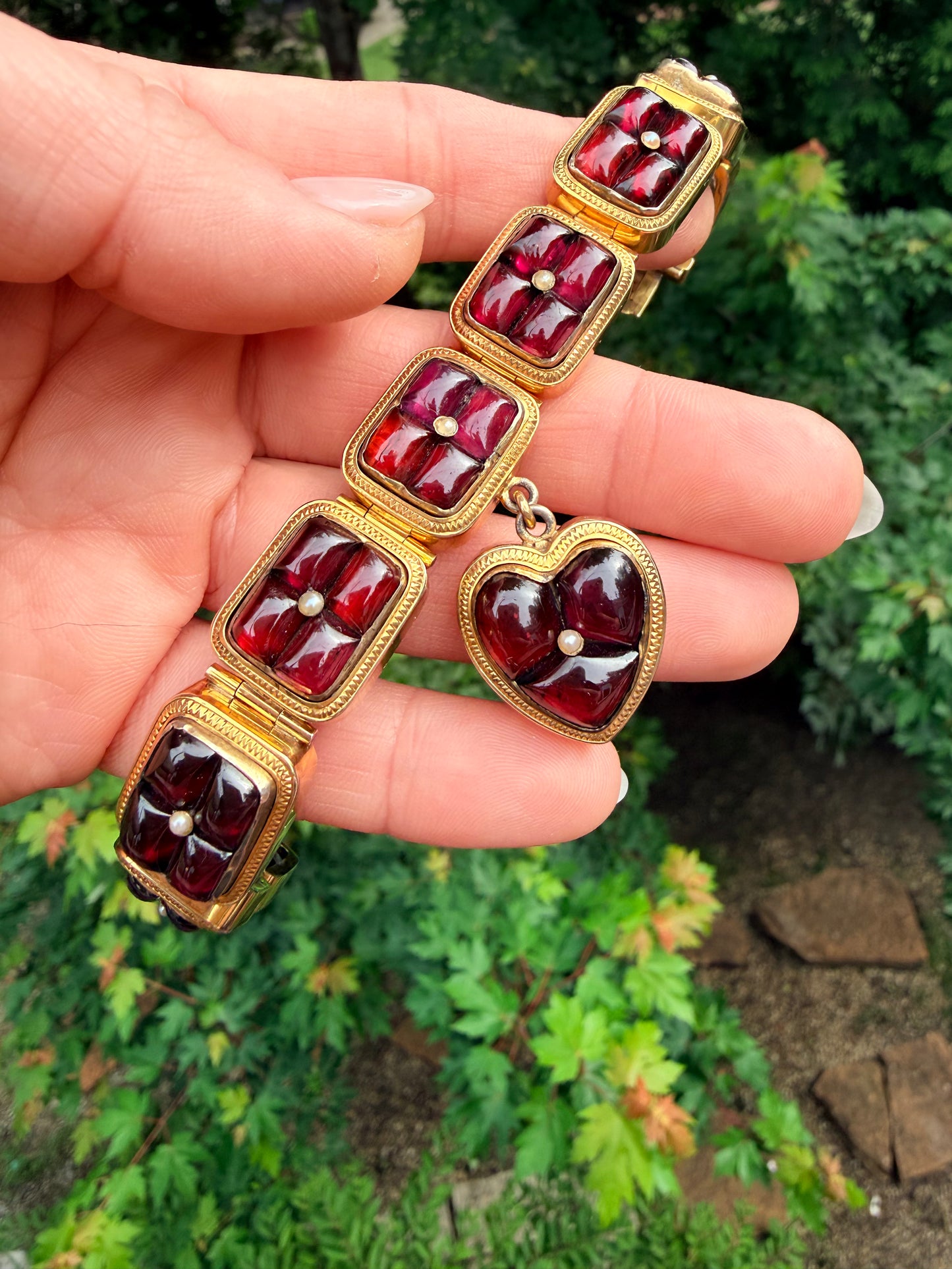 Victorian Garnet Heart Locket Bracelet