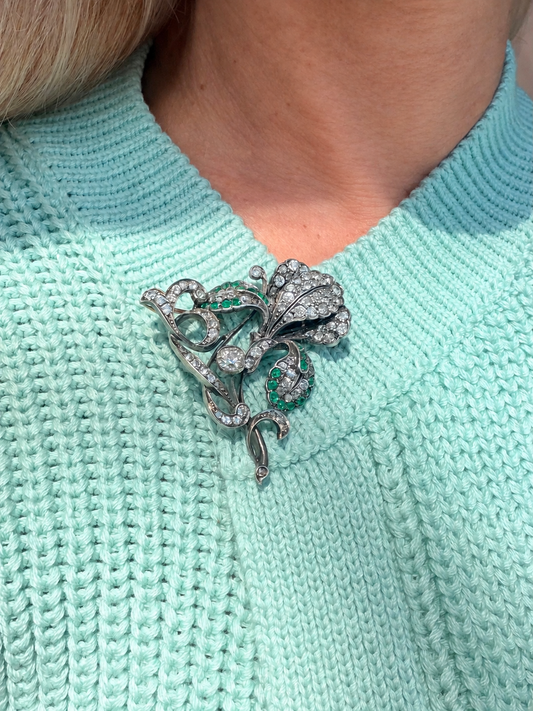 Victorian Emerald & Old Mine Cut Diamond Flower Spray Brooch