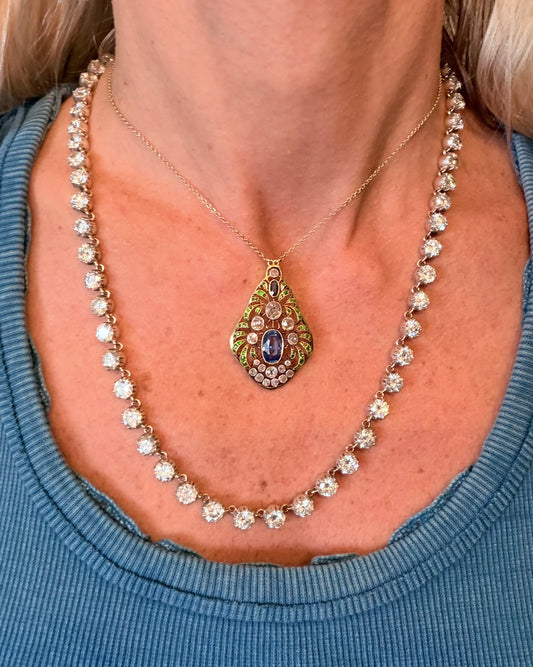 Art Nouveau Sapphire, Diamond and Demantoid Garnet Pendant