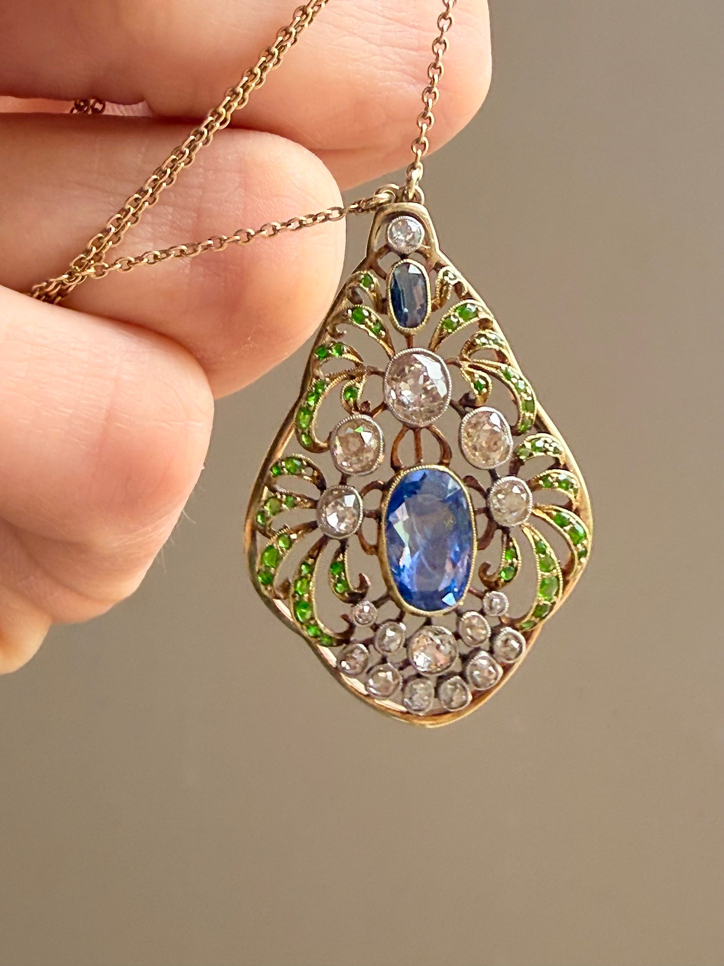 Art Nouveau Sapphire, Diamond and Demantoid Garnet Pendant