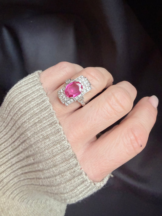Art Deco Pink Sapphire and Diamond Ring