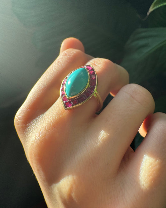 Mid Century Ruby and Turquoise 18k Navette Cocktail Ring