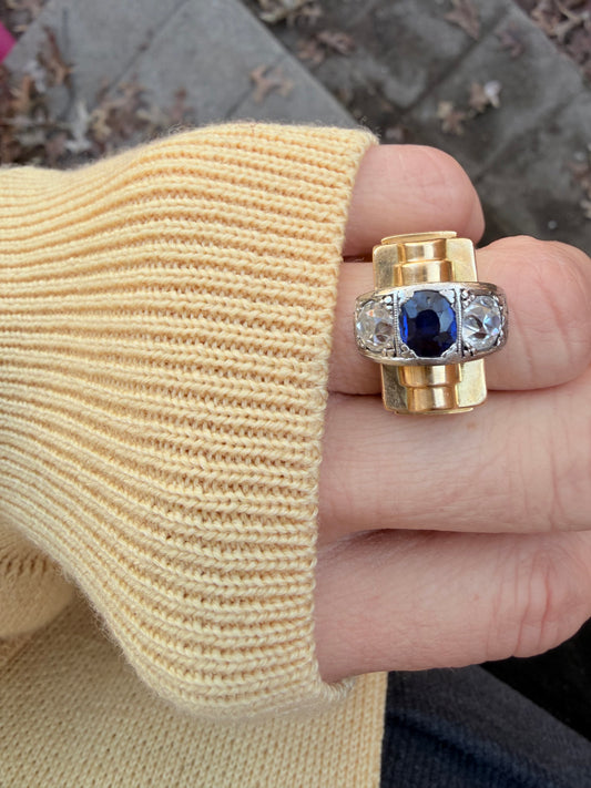 Retro Tank Sapphire and Diamond Ring