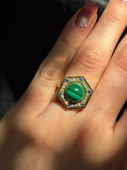 Mid Century 18k Yellow Gold Hexagonal Malachite Globe Ring