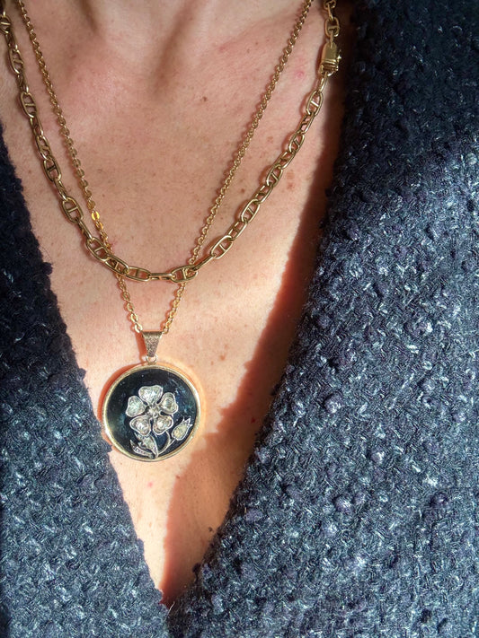 French Rose Cut Diamond and Onyx Flower Pendant