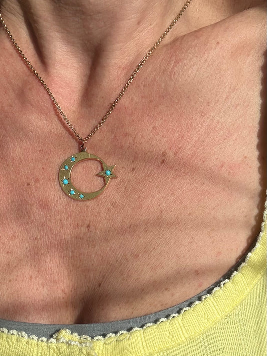 Vintage Turquoise 14k Yellow Gold Moon and Star Pendant
