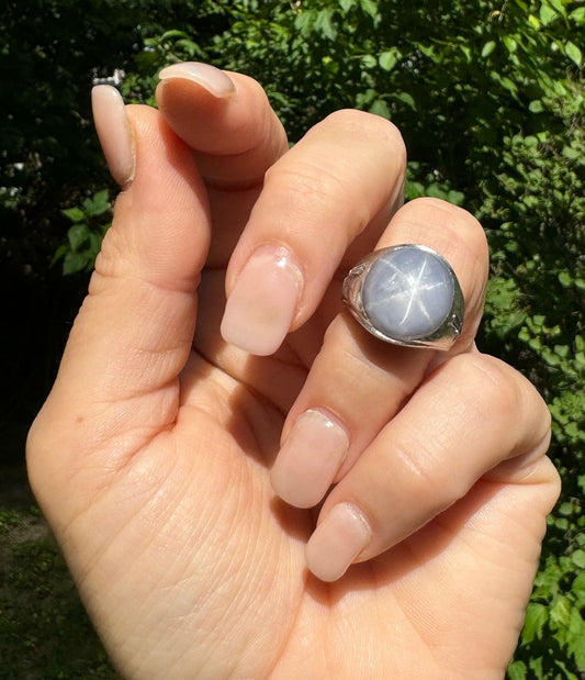 Mid Century 14k White Gold Star Sapphire and Diamond Ring