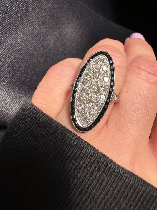 Art Deco Old Mine Cut Diamond, Onyx and Platinum Statement Ring