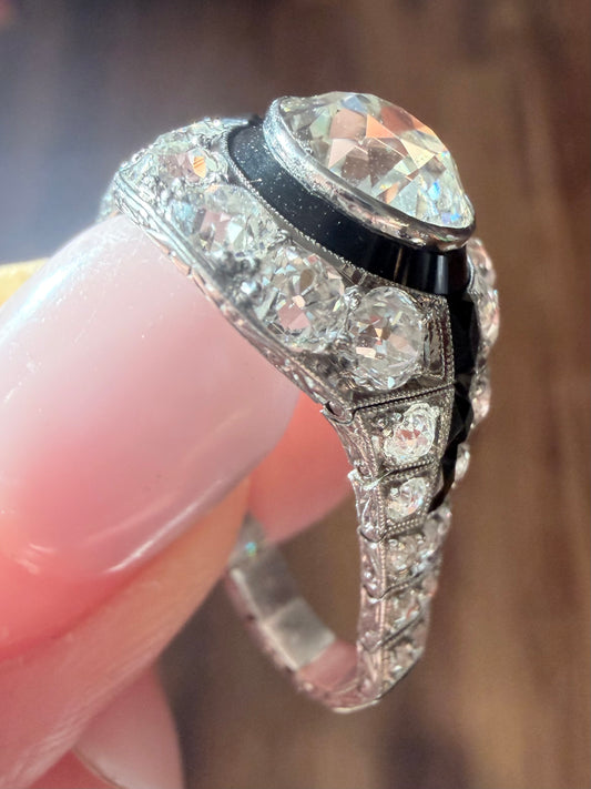 Art Deco Diamond and Onyx Target Ring