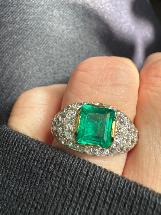 Art Deco Colombian Emerald, Diamond, 18k Gold, and Platinum Ring