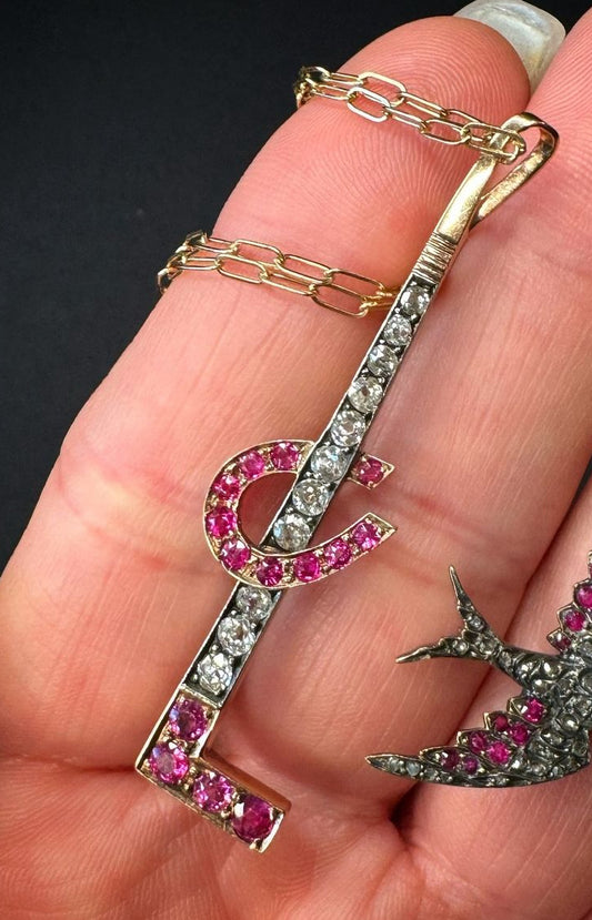 Antique 18k Gold, Silver, Diamond and Ruby Riding Crop Pendant