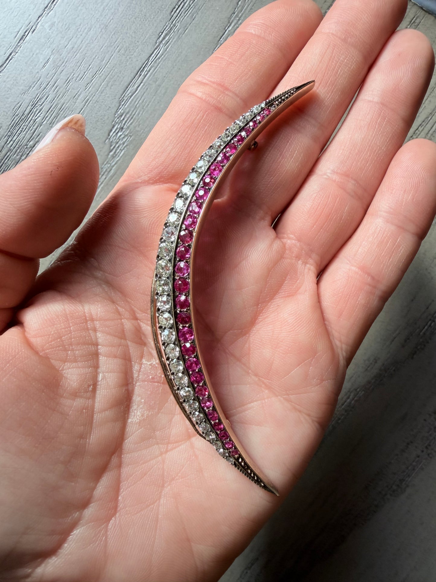 Victorian Ruby and Diamond Crescent Brooch