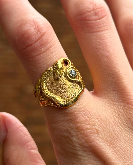 Vintage 14k Yellow Gold Snake Signet Ring with Diamond