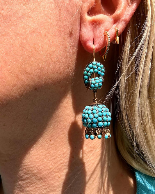 Antique 14k Gold, Turquoise and Silver Chandelier Earrings