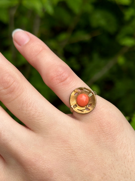 Victorian Coral Button Conversion 10k Gold Ring