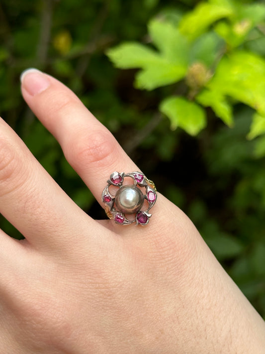 Antique 14k Gold Iberian Ruby and Pearl Conversion Ring