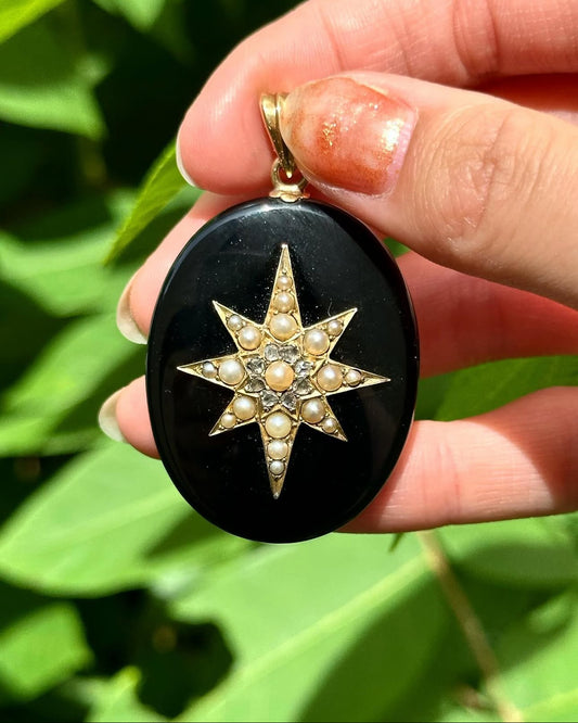 Antique Onyx, Pearl, Diamond and Enamel Locket