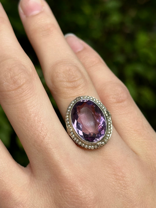 Mid-Century Amethyst and Seed Pearl Ring