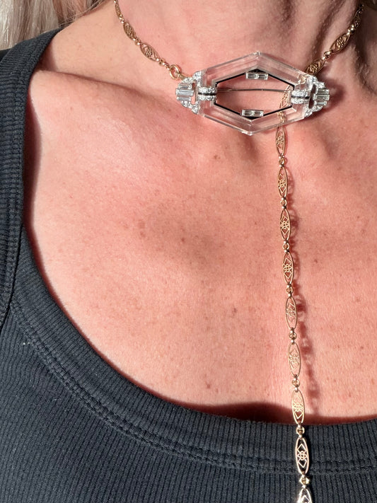 Art Deco Rock Crystal, Diamond & Onyx Brooch