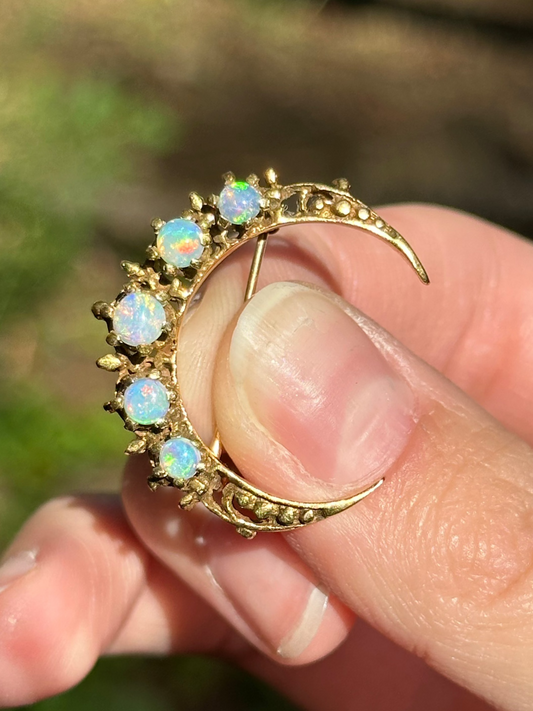 Antique 14k Yellow Gold Opal Crescent Brooch