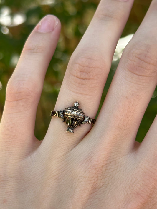 Georgian Urn Mourning Diamond & Enamel Locket Ring