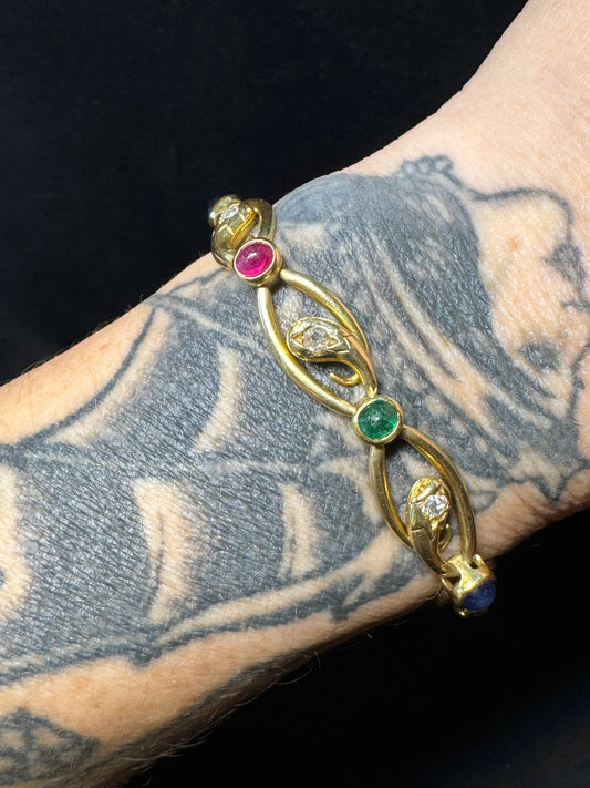 French Antique 18k Yellow Gold, Diamond and Gemstone Snake Bracelet
