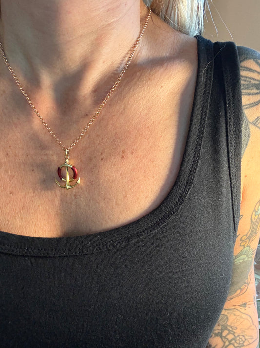 Vintage 18k Yellow Gold and Red Enamel Anchor Pendant