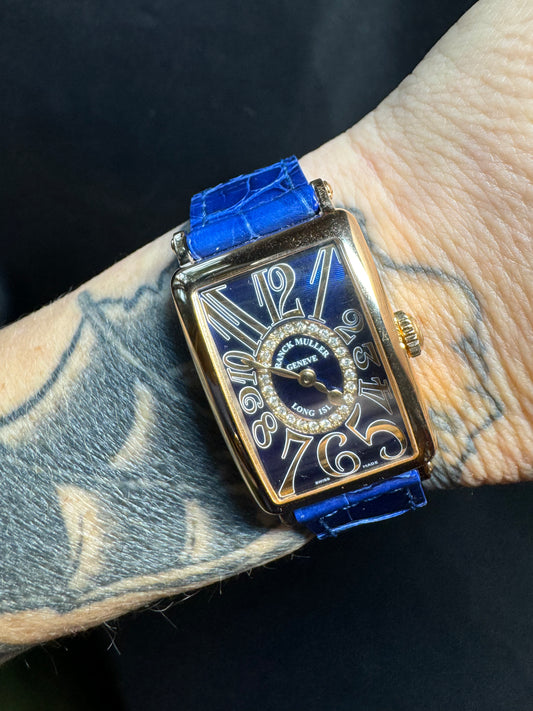 Franck Muller Long Island 18k Gold with Blue Diamond Dial Watch