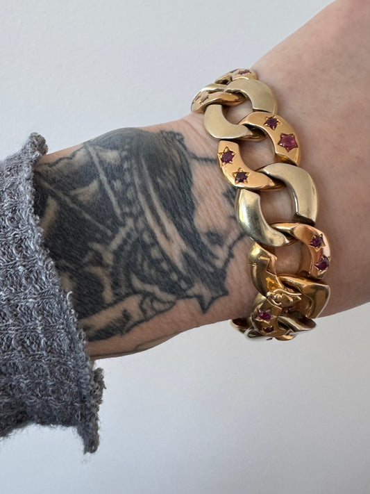 Retro 18k Two Tone Star Set Ruby Rounded Curb Bracelet